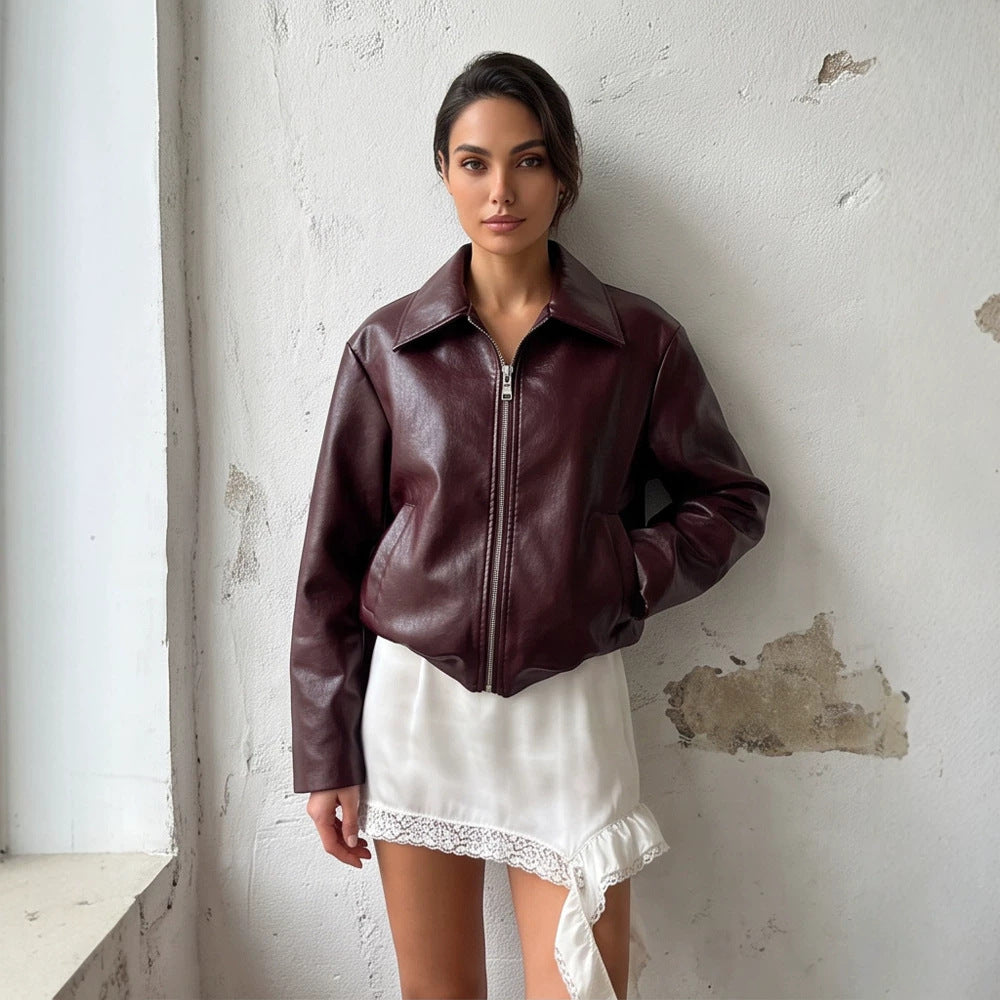 Women's short jacket made of vegan smooth leather look with pointed shirt collar and front zipper EVA-US