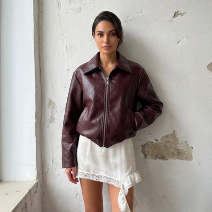 Women's short jacket made of vegan smooth leather look with pointed shirt collar and front zipper EVA-US