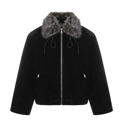 Men's Suede Bomber Jacket with Detachable Faux Fur Collar and Drawstring EVA-US