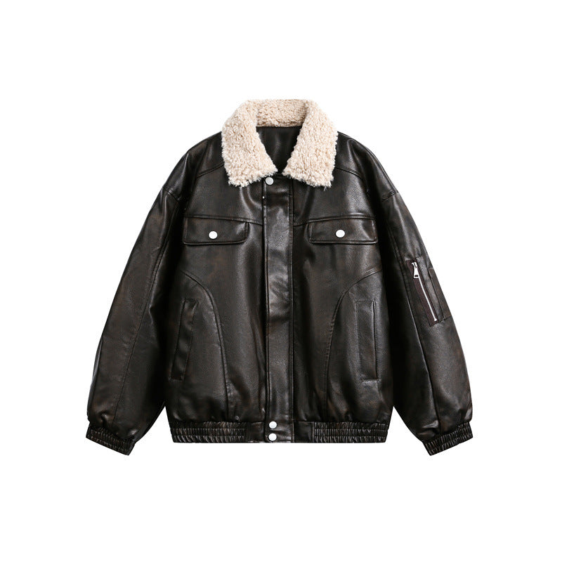 Men's aviator-inspired faux leather bomber jacket with teddy collar and sleeve utility pocket EVA-US