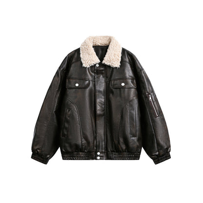 Men's aviator-inspired faux leather bomber jacket with teddy collar and sleeve utility pocket EVA-US