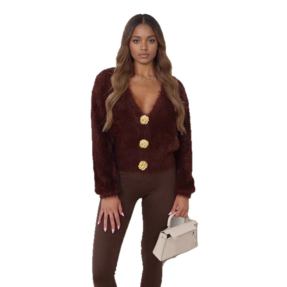 Ladies Fluffy Short Jacket with V-Neck and Metallic Decorative Buttons EVA-US