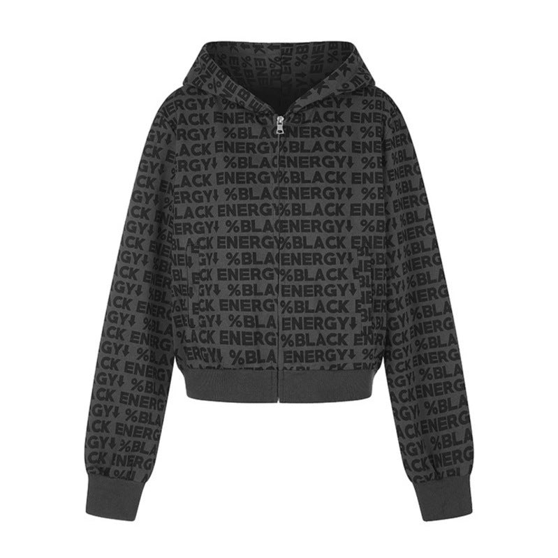 Women short zip hooded jacket with allover logo print and elastic ribbed hem EVA-US