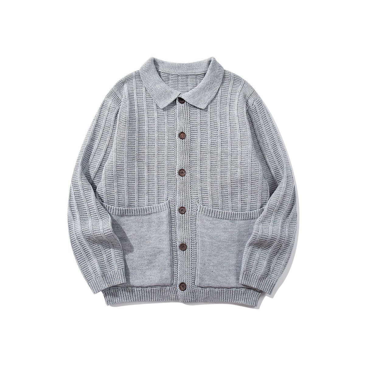 Unisex Structured Knit Cardigan with Shirt Collar and Patch Pockets EVA-US