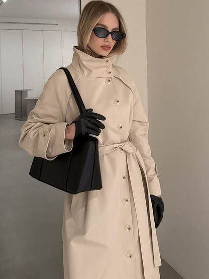 Women's Maxi Length Trench Coat with High Stand-Up Collar, Double-Breasted Button Placket and Tie Belt EVA-US