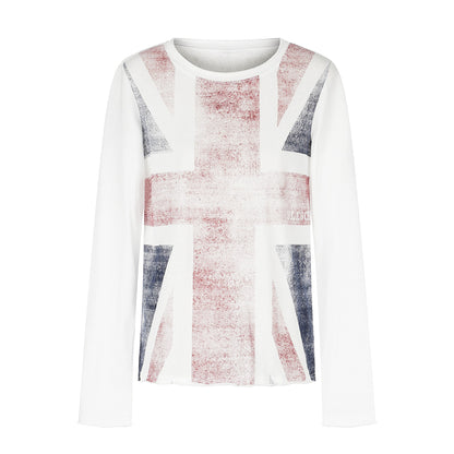Women’s Crew Neck Long Sleeve made of Cotton Blend with Vintage Union Jack Print and Contrast Sleeves EVA-US
