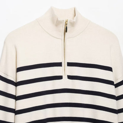 Women's Cropped Boxy Knit Sweater with Half Zipper, Stand Collar and Wide Stripes
