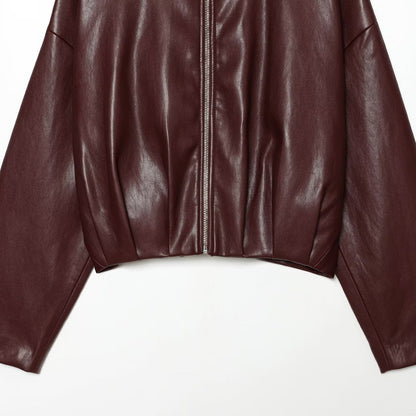 Women's Cropped Boxy Bomber Jacket in shiny leather look with high funnel collar EVA-US
