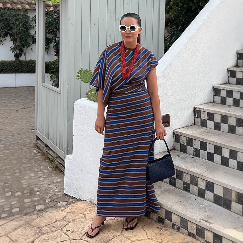 Women Striped Maxi Dress with Asymmetric Cape Sleeves & Tailored Silhouette EVA-US