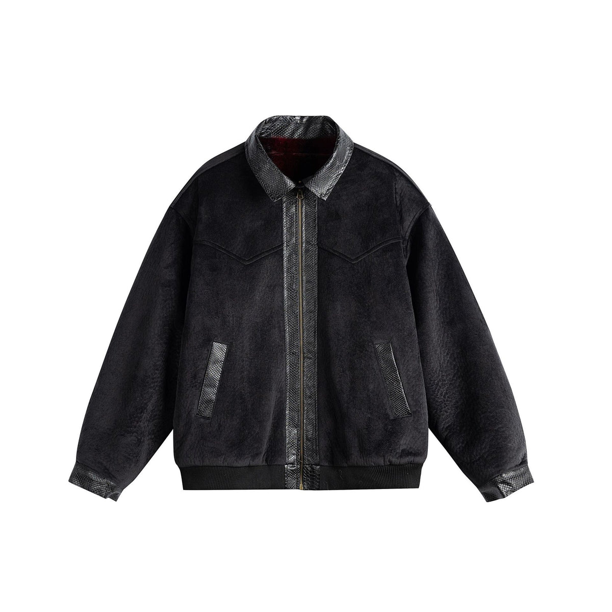 Unisex Oversize Blouson Jacket made of Velours-Suede with reptile embossed trim and warming teddy lining EVA-US
