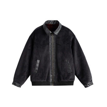 Unisex Oversize Blouson Jacket made of Velours-Suede with reptile embossed trim and warming teddy lining EVA-US
