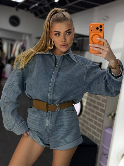 Women's Denim Shorts Overall with Boxy Shirt Top and Waist Belt EVA-US
