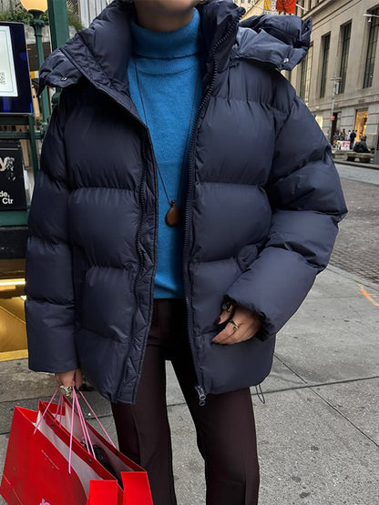 Women's Oversize Quilted Puffer Jacket with Removable Hood and Two-Way Zipper EVA-US