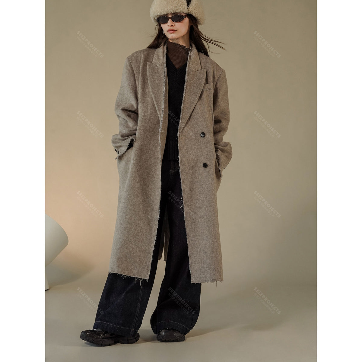 Women Boxy Long Coat made of Wool Blend with Frayed Edges and Double-Breasted EVA-US