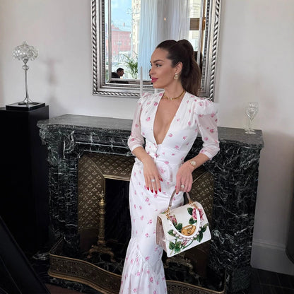 Women Floral Satin Midi Dress with Deep V-Neck, Puff Sleeves and Tapered Gather EVA-US