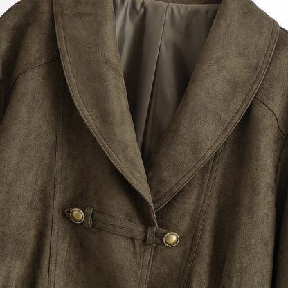 Women's Cropped Suede-Look Jacket with Shawl Collar, Waist Gather and Decorative Toggle Buttons EVA-US
