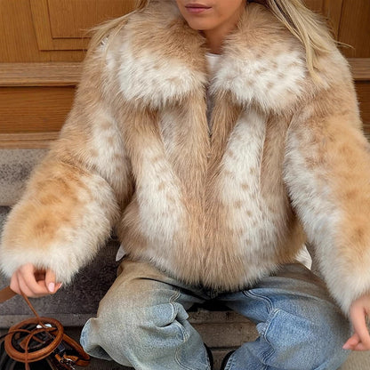 Women's Boxy Faux Fur Jacket with Two-Tone Shag Look and Notched Collar EVA-US