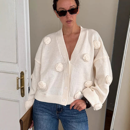 Women's Oversized Knitted Cardigan with Three-Dimensional Rose Applications and V-Neck EVA-US