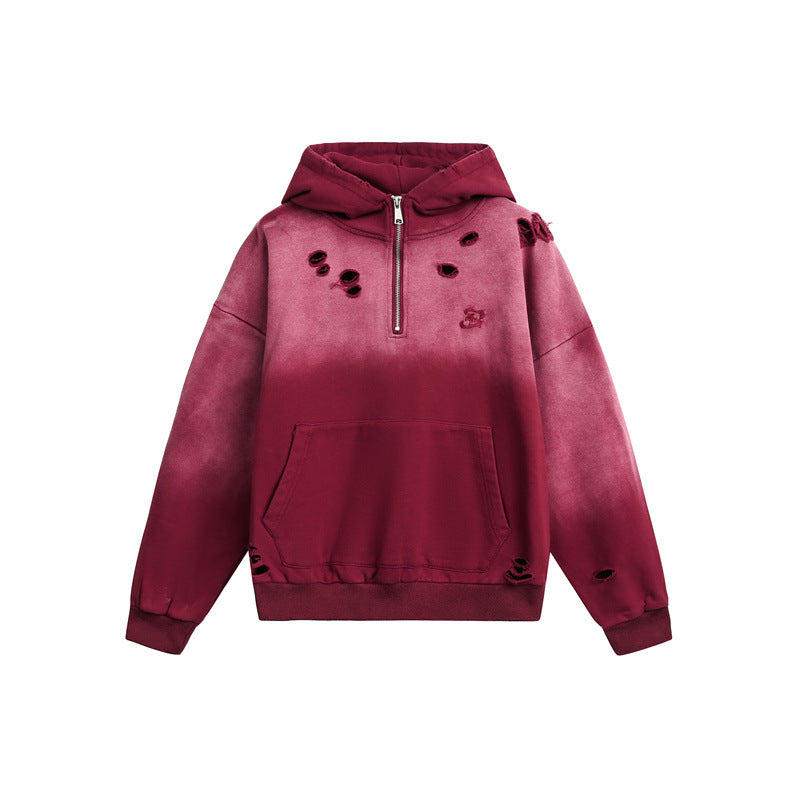 Unisex Oversize Hoodie with Half Zipper, Distressed Details and Kangaroo Pocket EVA-US