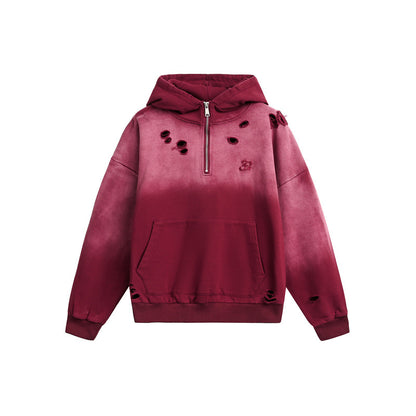 Unisex Oversize Hoodie with Half Zipper, Distressed Details and Kangaroo Pocket EVA-US
