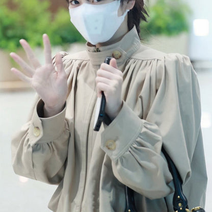 Women Lightweight Blouson Jacket with Balloon Sleeves and Stand-up Collar EVA-US