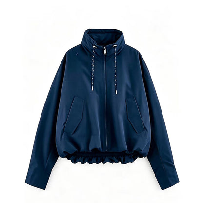 Women's Cropped Oversize Windbreaker with high funnel collar, drawstring and gathered elastic waistband EVA-US