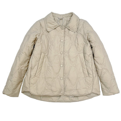 Women Short Cut Quilted Jacket with Decorative Stitching and Rounded Hem EVA-US