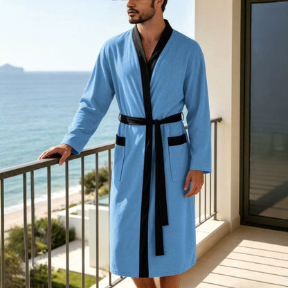 Men's lightweight cotton kimono bathrobe with waffle texture and patch pockets EVA-US