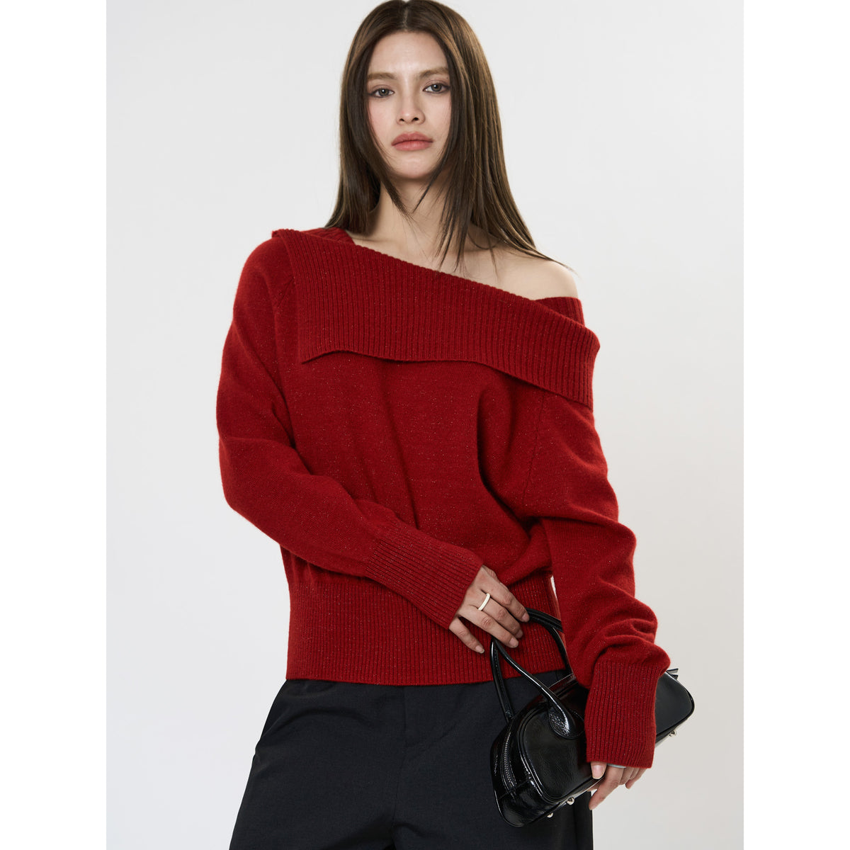 Women's Off-Shoulder Oversized Ribbed Knit Sweater with Folded Collar EVA-US