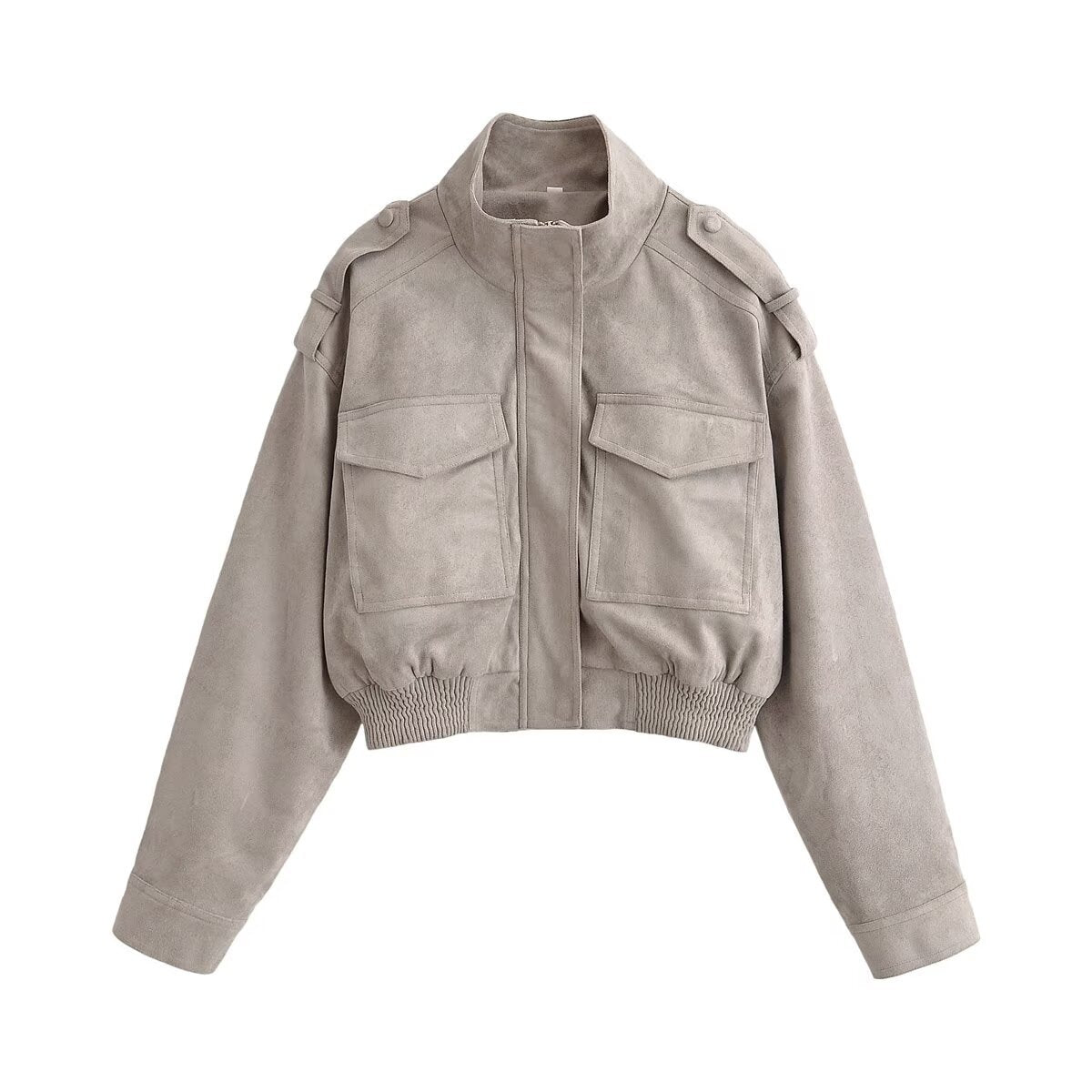 Ladies short blouson in field style made of suede-like material with stand-up collar, shoulder straps and wide ribbed waistband EVA-US