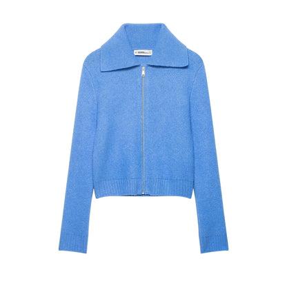 Women's chunky knitted short jacket with zipper, wide collar and ribbed hem EVA-US