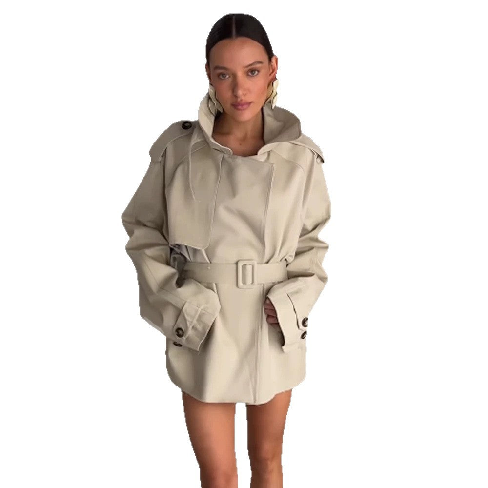 Women's sculptural short trench coat with oversized shawl collar and tailored belt EVA-US