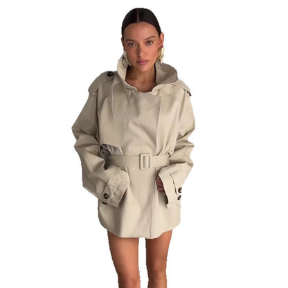 Women's sculptural short trench coat with oversized shawl collar and tailored belt EVA-US