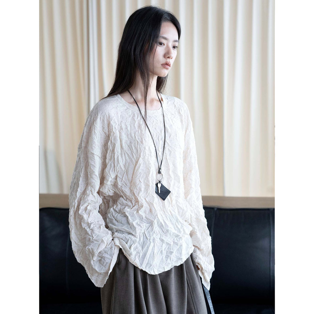 Women's Crinkled Oversize Blouse made of Linen Blend with Textured Pleated Look EVA-US