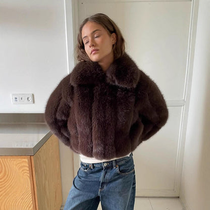 Women's Short Cropped Faux Fur Jacket with Voluminous Shawl Collar and Boxy Silhouette EVA-US