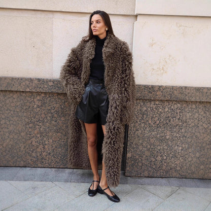 Women's Maxi Long Curly Teddy Coat in Sheepskin Look EVA-US