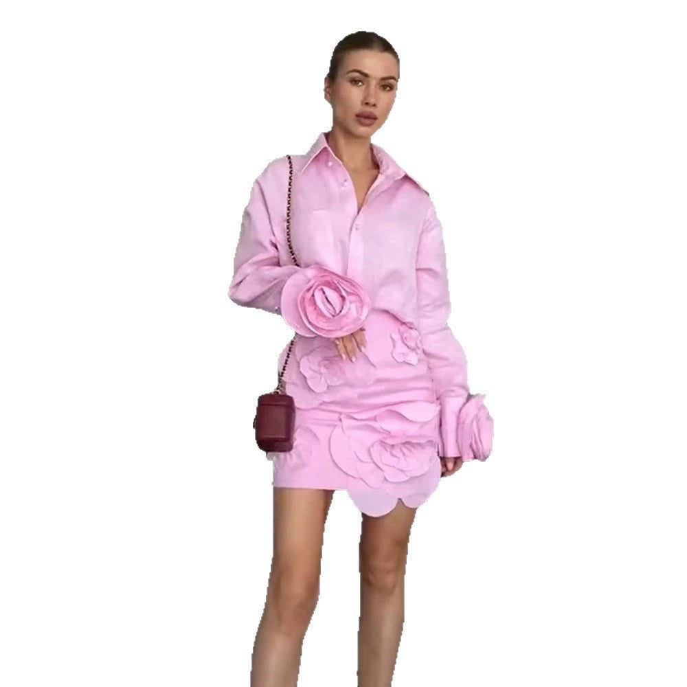 Women's Shirt Blouse-Mini Skirt Set with Voluminous 3D Rose Appliqués and Pearl Details EVA-US