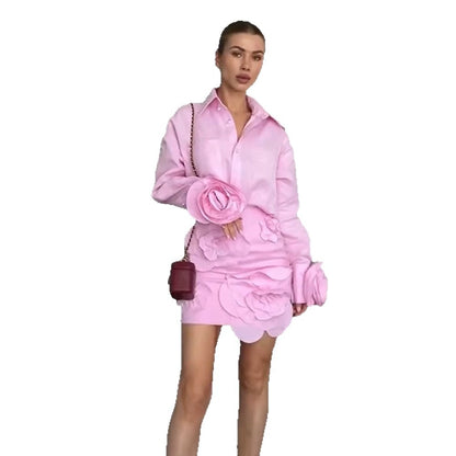 Women's Shirt Blouse-Mini Skirt Set with Voluminous 3D Rose Appliqués and Pearl Details EVA-US