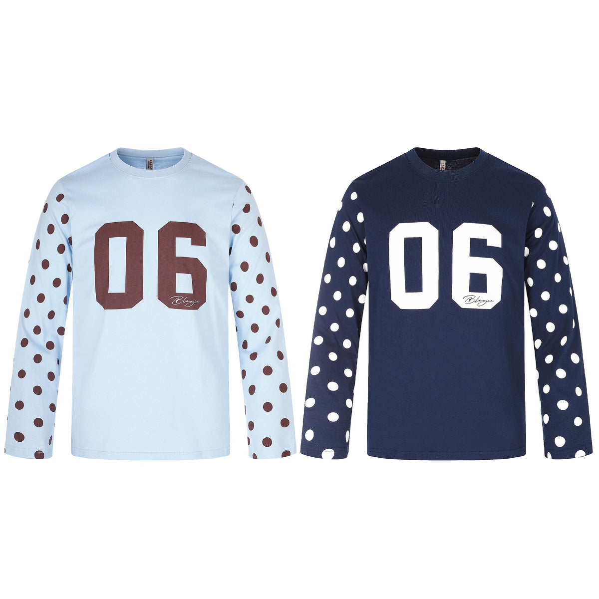 Women Long Sleeve Statement Shirt with Polka Dot Sleeves and Number Print EVA-US