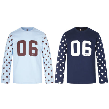 Women Long Sleeve Statement Shirt with Polka Dot Sleeves and Number Print EVA-US