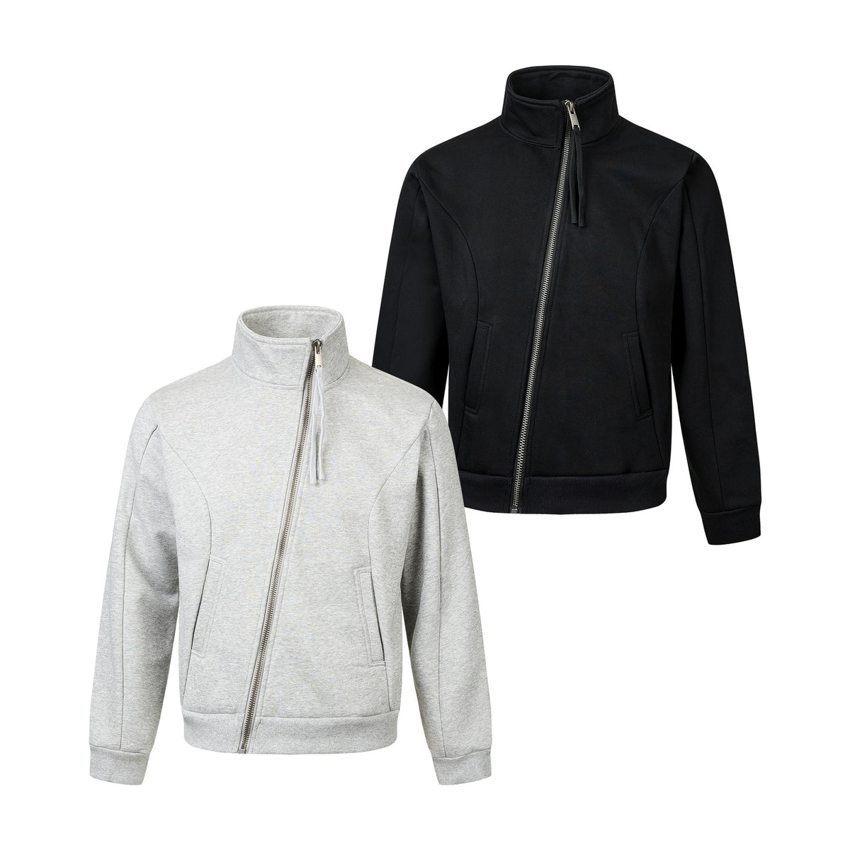 Unisex Short-cut Sweat Jacket with High Stand-up Collar and Asymmetrical Zipper EVA-US
