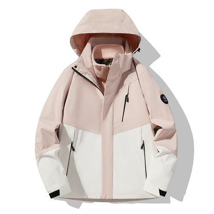 Men's three-layer breathable softshell trekking jacket with integrated fleece collar and adjustable hood EVA-US