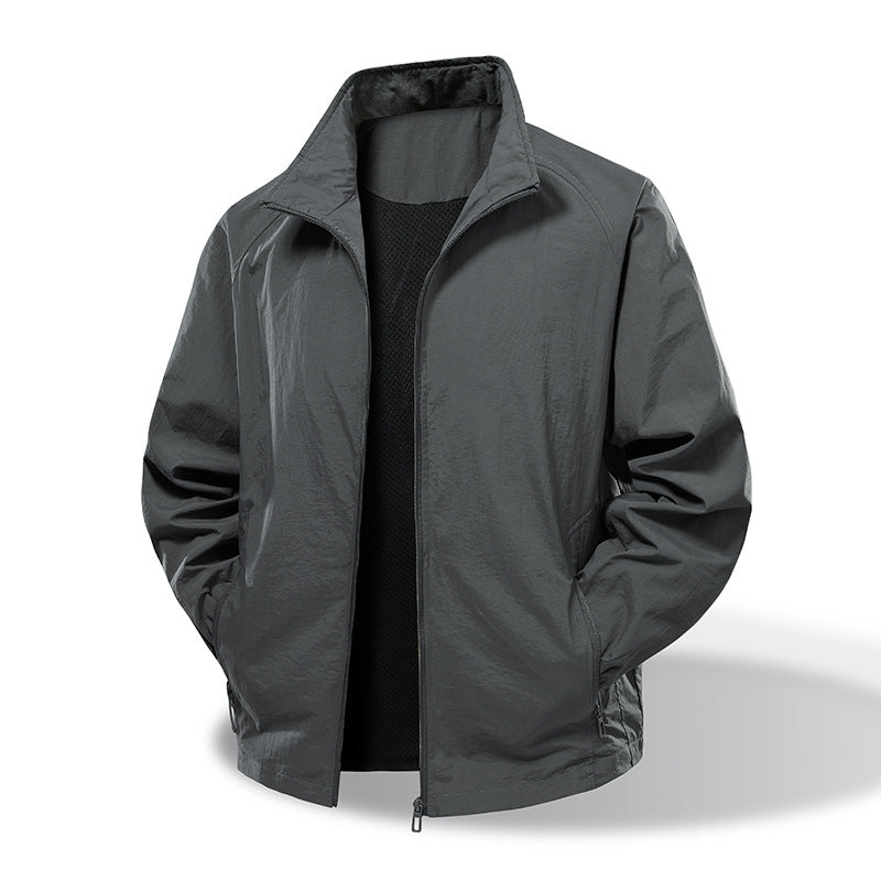 Men's Lightweight Windbreaker Outdoor Jacket with Stand Collar, Two-way Zipper and Concealed Pockets EVA-US