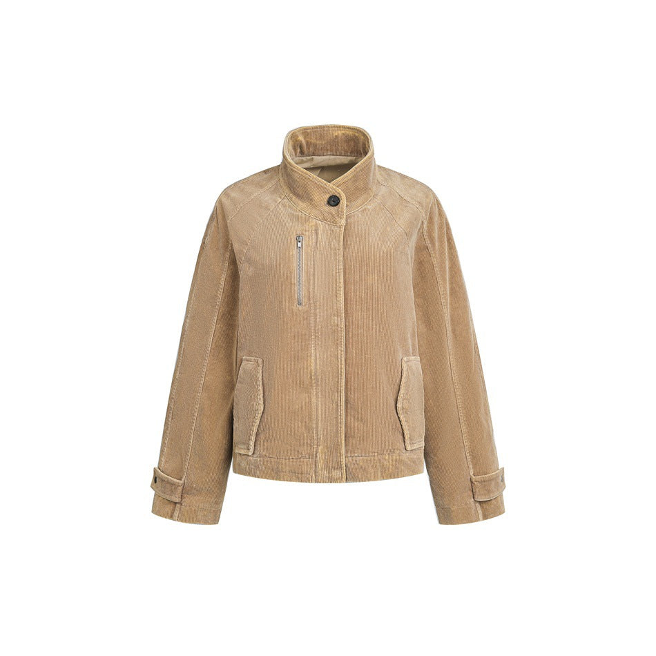 Women's short cord jacket in boxy cut with stand-up collar, zip chest pocket and adjustable cuffs EVA-US