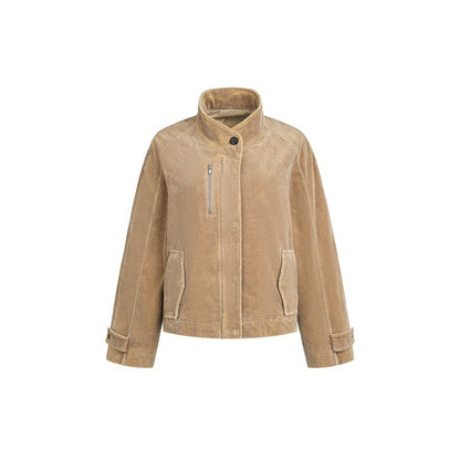 Women's short cord jacket in boxy cut with stand-up collar, zip chest pocket and adjustable cuffs EVA-US