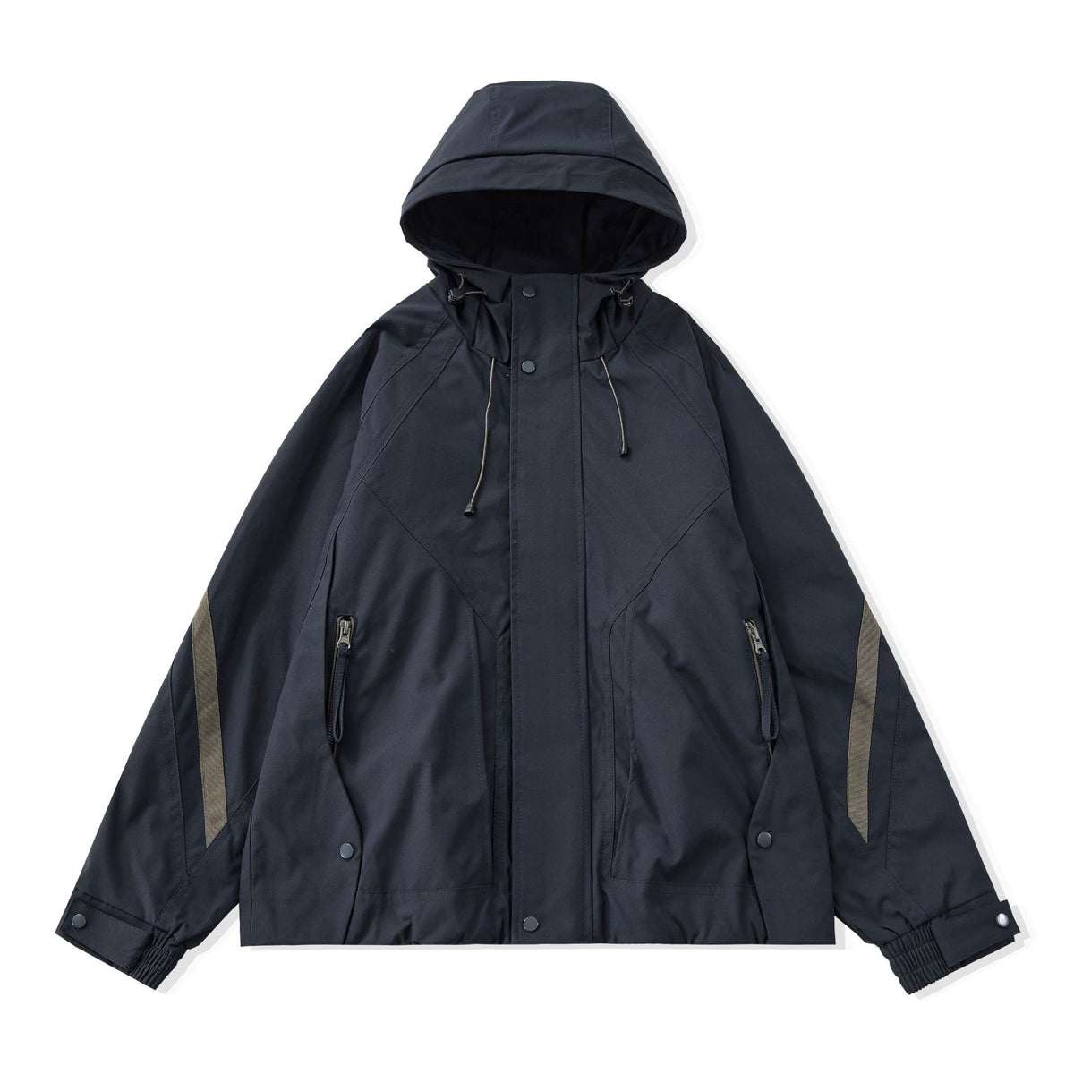 Men's short-cut boxy tech parka with hood, concealed front placket, and cargo zippers EVA-US