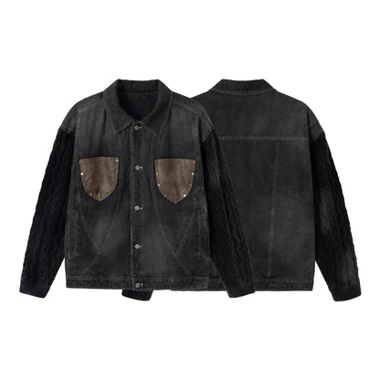 Men's denim jacket with applied leather chest pockets and cable knit sleeves EVA-US