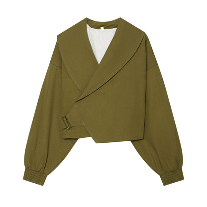 Women's short jacket with wide sailor collar, balloon sleeves, and asymmetrical buckle closure EVA-US
