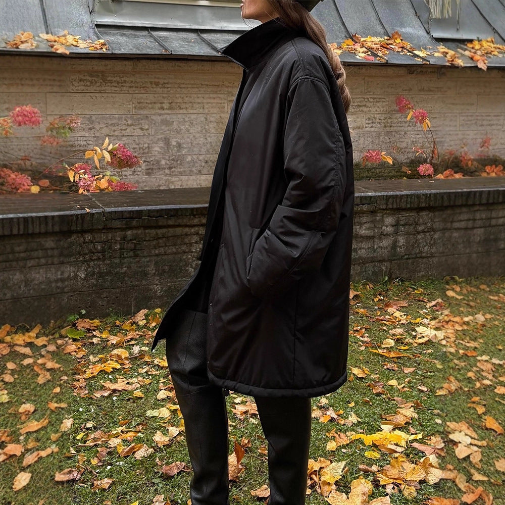 Women's transitional winter coat with minimalist quilting, high collar, and press stud closure EVA-US