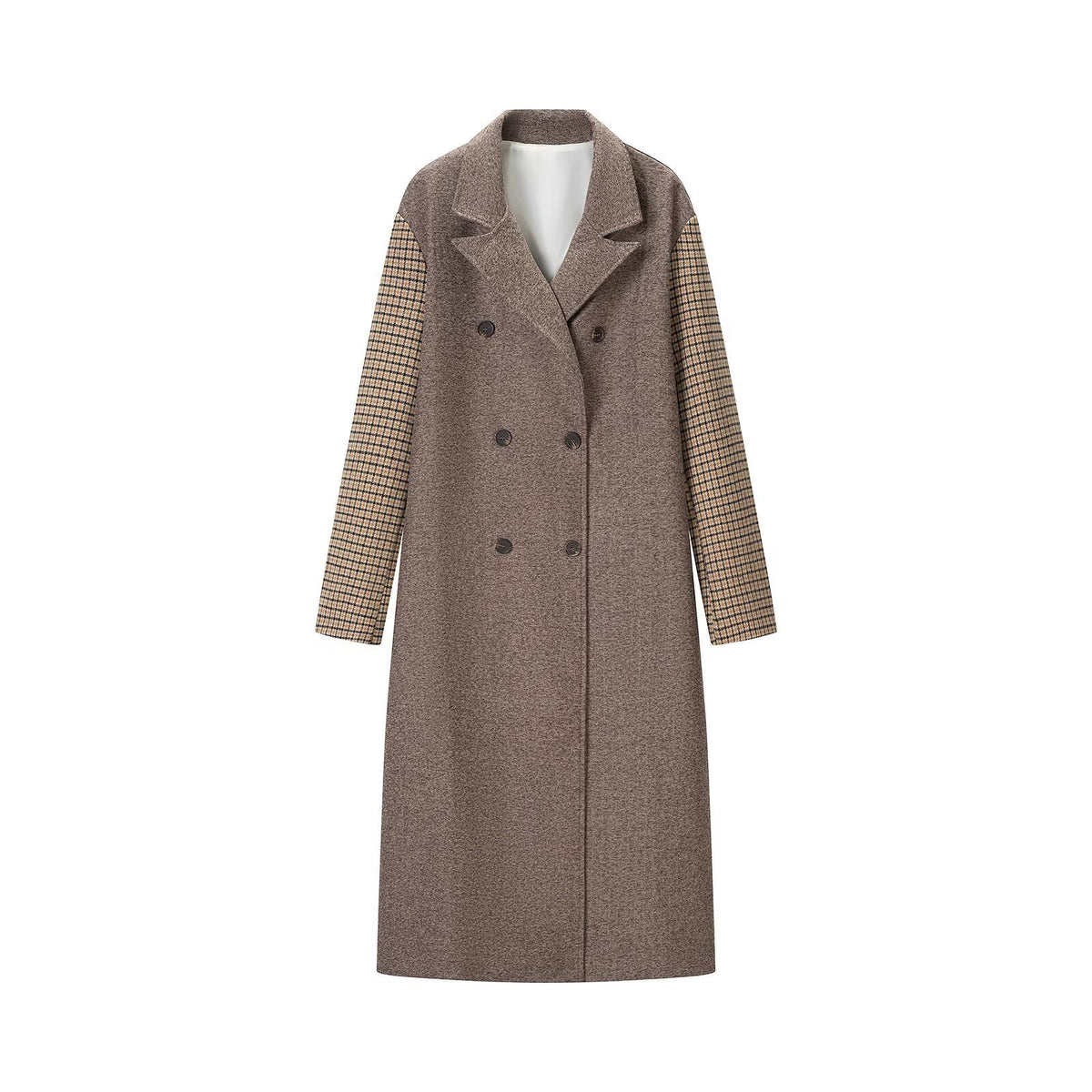 Women's elegant long coat with double-breasted, contrast sleeves and Glencheck details EVA-US